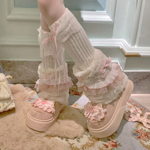 pinkyo原创粉色蕾丝边花靴子秋冬保暖中筒仿兔毛长筒甜美风雪地靴