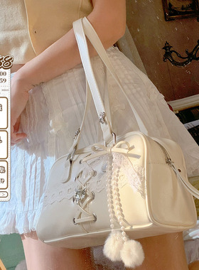 pinkyo芭蕾风白色绑带优雅手提波士顿包单肩斜跨休闲百搭枕头包包