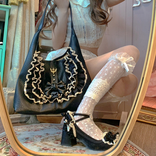 SwtCor甜核原创蝴蝶结蕾丝黑色单肩包手提包腋下包复古荷叶边女包