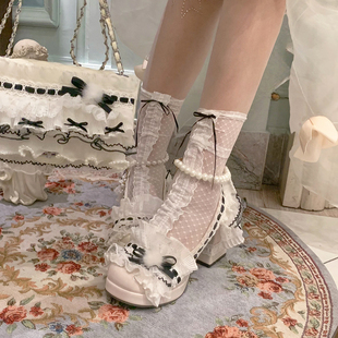 PINKYO原创【不退换】法式蕾丝蝴蝶结波点袜透明网纱丝袜中筒短袜