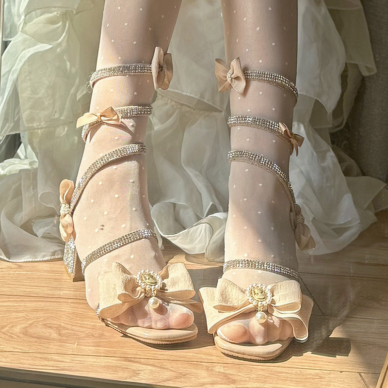 pinkyo原创水钻蝴蝶结蛇形缠绕粗跟绑带凉鞋夏季仙女风外穿高跟鞋