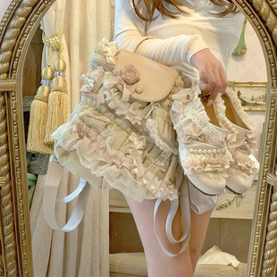 pinkyo原创法式 卡其褶皱蕾丝花边云朵双肩包包学院风通勤手提背包