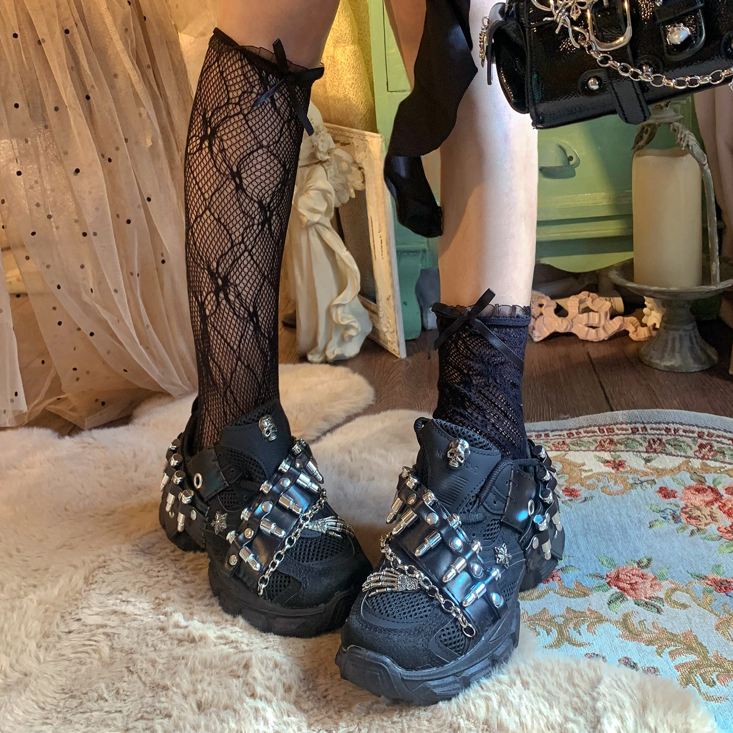 SwtCor甜核原创骷髅金属子弹头链条老爹鞋亚文化朋克风厚底运动鞋