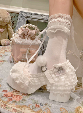pinkyo原创甜美优雅蛋糕白色蕾丝蝴蝶结玛丽珍鞋圆头厚底高跟单鞋