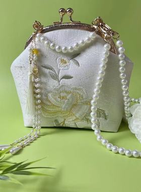 汉服新款古风刺绣包包珍珠链条牡丹绣花国风包包女新中式斜挎包包