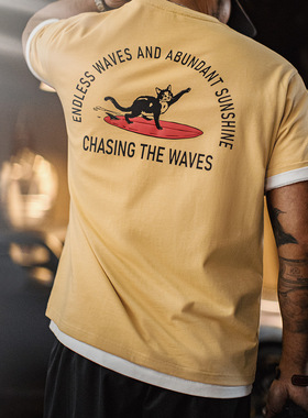 马登工装美式复古印花T恤重磅纯棉姜黄色小众硬汉创意宽松短袖男