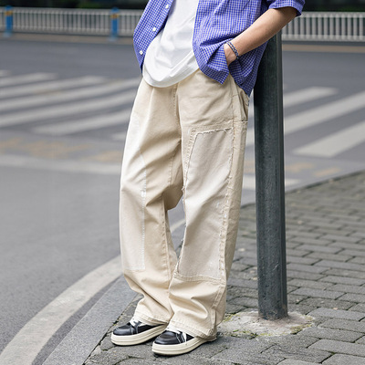 MRA男装 破坏泼墨宽松米白牛仔裤复古休闲直筒多口袋伐木工装裤男