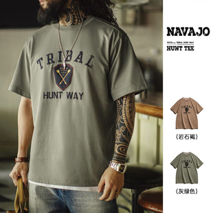 马登工装美式复古Navajo发泡印花印第安短袖T恤男纯棉宽松上衣夏