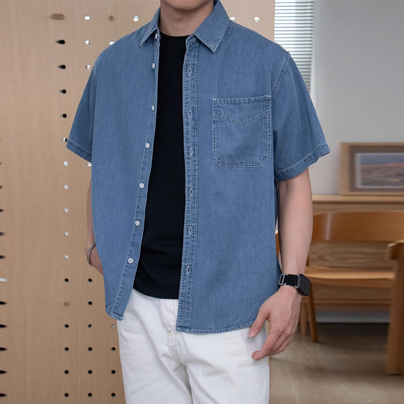 2025夏季新款日系复古工装明线口袋牛仔衬衫男短袖宽松休闲衬衣潮