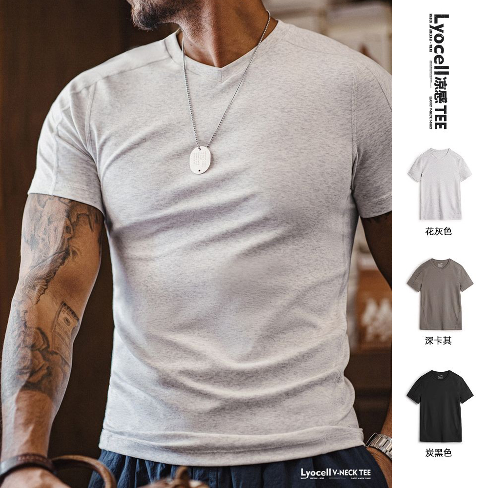 马登工装v领修身凉感T恤