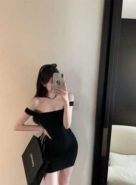 黑色一字肩吊带连衣裙女夏季辣妹纯欲风裙子收腰显瘦性感包臀短裙