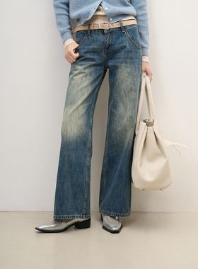 LANVIVIER高ji感猫须设计美式复古蓝水洗磨白高腰女士直筒牛仔裤