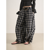 LANVIVIER 气球裤 时髦精穿搭 立体轮廓感黑白格纹松紧高腰阔腿裤