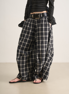 LANVIVIER 时髦精穿搭 立体轮廓感黑白格纹松紧高腰阔腿裤气球裤