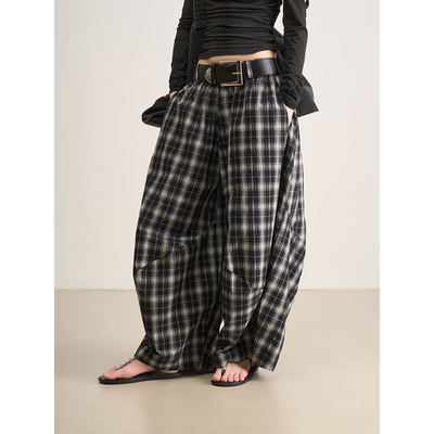 LANVIVIER 时髦精穿搭 立体轮廓感黑白格纹松紧高腰阔腿裤气球裤