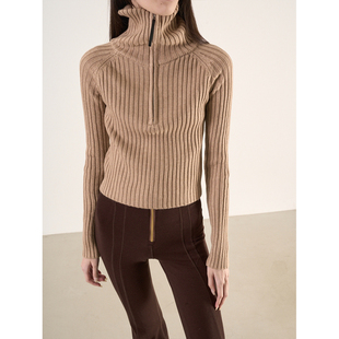 螺纹坑条加厚针织毛衣 插肩袖 LANVIVIER 简约纯色立领半开拉链短款