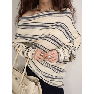 女 针织衫 LANVIVIER 条纹变奏魅力不规则袋状剪裁堆堆褶皱斜肩长袖