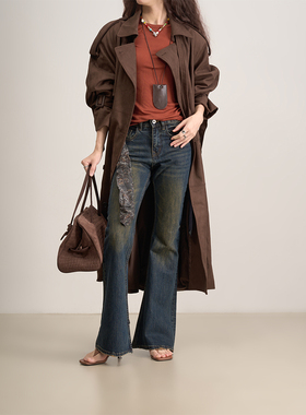 LANVIVIER 法式左岸浓郁咖啡 麂皮绒经点肩章双排扣长款风衣外套