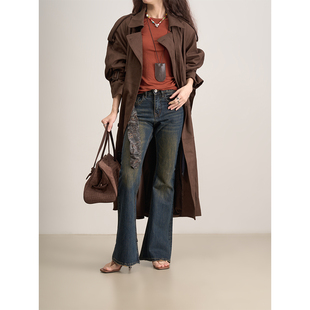 麂皮绒经点肩章双排扣长款 左岸浓郁咖啡 风衣外套 法式 LANVIVIER