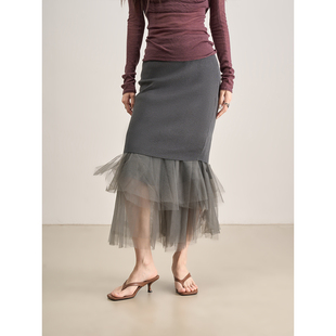 LANVIVIER 空灵深灰色蓬蓬纱拼接鱼尾弹力针织半身裙 人鱼传说