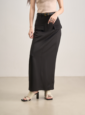 LANVIVIER 复古时髦感 修身包臀翻盖装饰黑色高腰垂坠长款半身裙