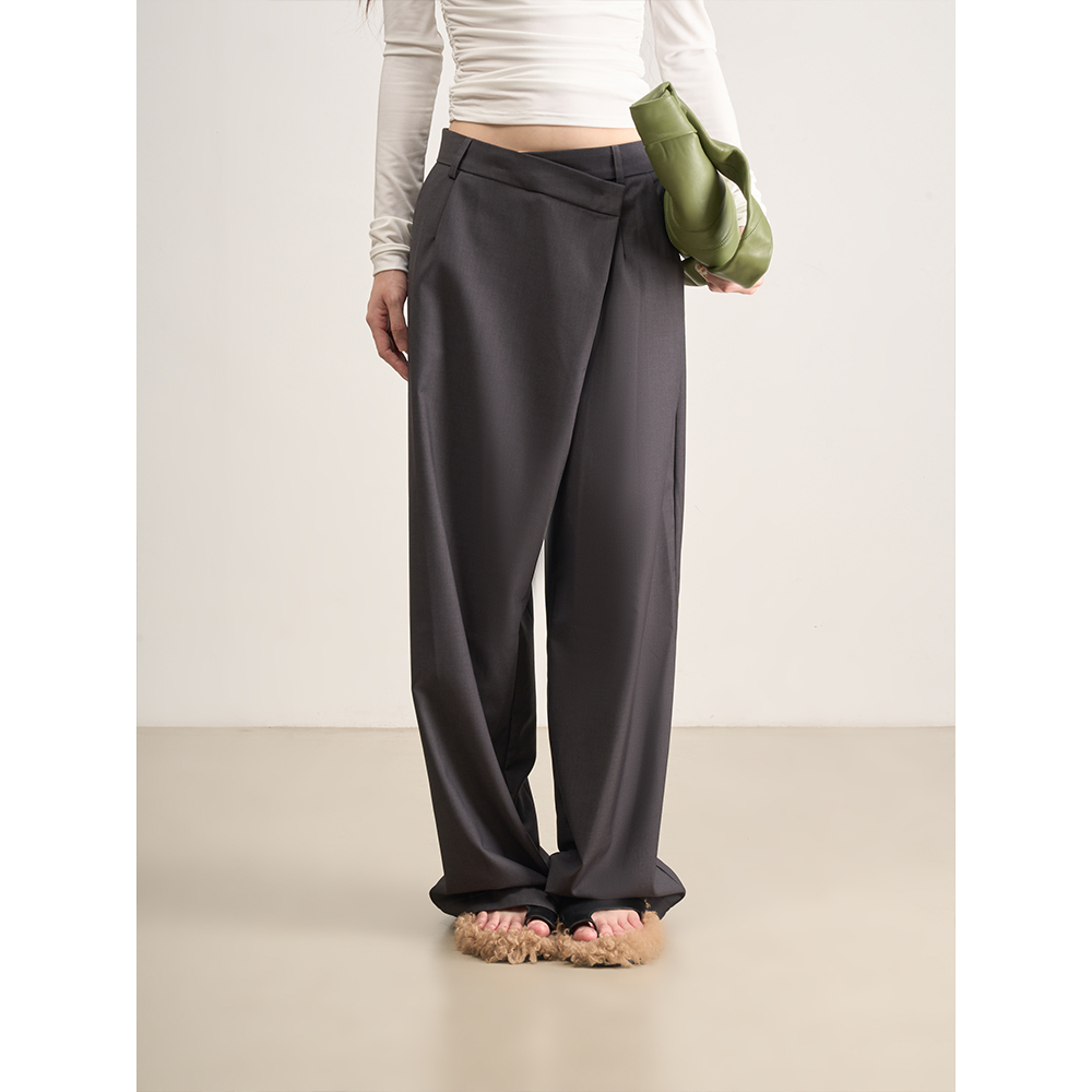 LANVIVIER 高智感穿搭 不对称叠襟斜高腰直筒阔腿拖地时髦西裤女