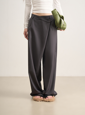 LANVIVIER 高智感穿搭 不对称叠襟斜高腰直筒阔腿拖地时髦西裤女