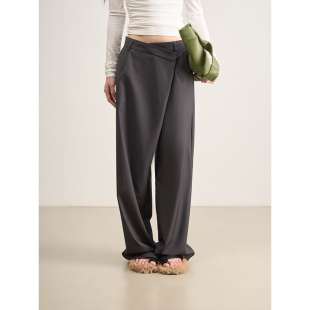 女 不对称叠襟斜高腰直筒阔腿拖地时髦西裤 LANVIVIER 高智感穿搭