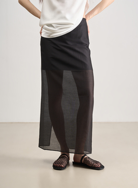 LANVIVIER 极简高级感 气质半透拼接层次感后开衩直筒黑色半身裙