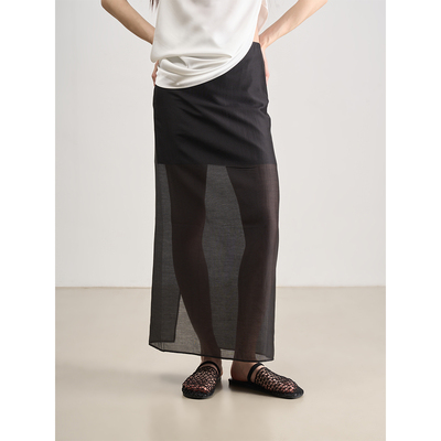 LANVIVIER 极简高级感 气质半透拼接层次感后开衩直筒黑色半身裙