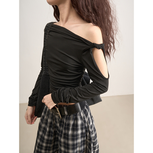 T恤25秋冬新款 LANVIVIER 极简GAO级不对称斜肩拧转镂空设计感长袖