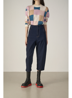 LANVIVIER 高包腰深蓝色撞色压线隐形挂扣9分长锥腿棉弹牛仔靴裤