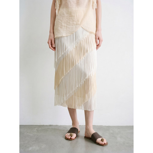 LANVIVIER 轻盈舞动动态之美撞色流苏旋转拼色松紧高腰直筒半身裙