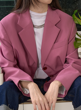 LANVIVIER娘man中性风 显白雾霾粉紫色宽松廓形垫肩单排扣女西装