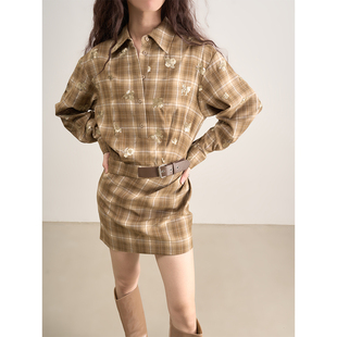 LANVIVIER 连衣裙 率性西部世界驼色格纹精致亮片坠饰收腰皮带衬衫