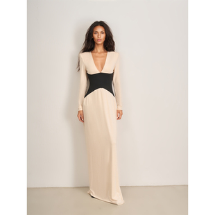 LANVIVIER几何色块拼接力量感女性深V垫肩拼色收腰拖地长款 连衣裙