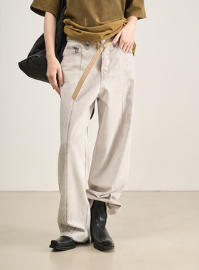 LANVIVIER 中古世纪酷飒姐姐百搭做旧脏染磨毛拼缝水洗白牛仔裤女