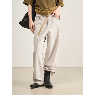 LANVIVIER 女 中古世纪酷飒姐姐百搭做旧脏染磨毛拼缝水洗白牛仔裤