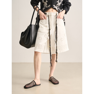 女 软牛仔流苏边冲孔镂空百慕大五分休闲裤 LANVIVIER 高腰显瘦