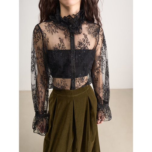 LAN VIVIER 异域神秘面纱 精致细腻蕾丝宫廷复古立领灯笼袖衬衫女