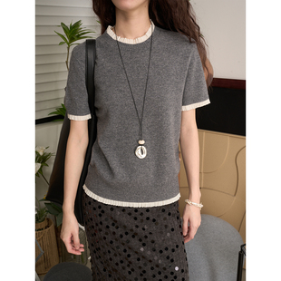 针织衫 LANVIVIER 文艺静奢立体捏褶花边撞色领仿两件灰色羊毛半袖