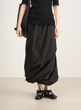 LANVIVIER 暗黑文艺少女 黑色系百搭拧转立体花苞弹力腰长半身裙