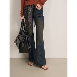 喇叭显瘦牛仔裤 LANVIVIER 重工水洗废土朋克复古水洗深猫须纹修身