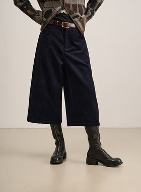 LANVIVIER 高腰简约复古风直筒七分休闲裤 藏蓝灯芯绒休闲裤新款