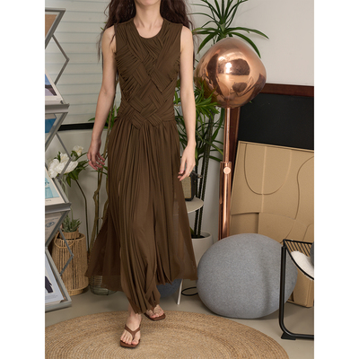 LANVIVIER 法式复古巧克力色编织穿插瀑布裙摆无袖连衣裙女26早春