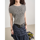 LANVIVIER 致命魔术几何视错觉艺术黑白格纹圆领连肩针织短袖 上衣