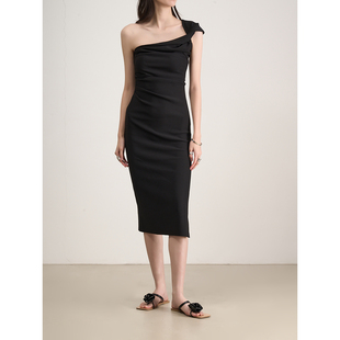 开衩连衣裙 不对称拧转包肩褶皱修身 LANVIVIER 简约弹力乱麻肌理