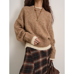 LANVIVIER 浪漫流浪诗人长绒马海毛仿两件撞色拼接宽松套头针织衫