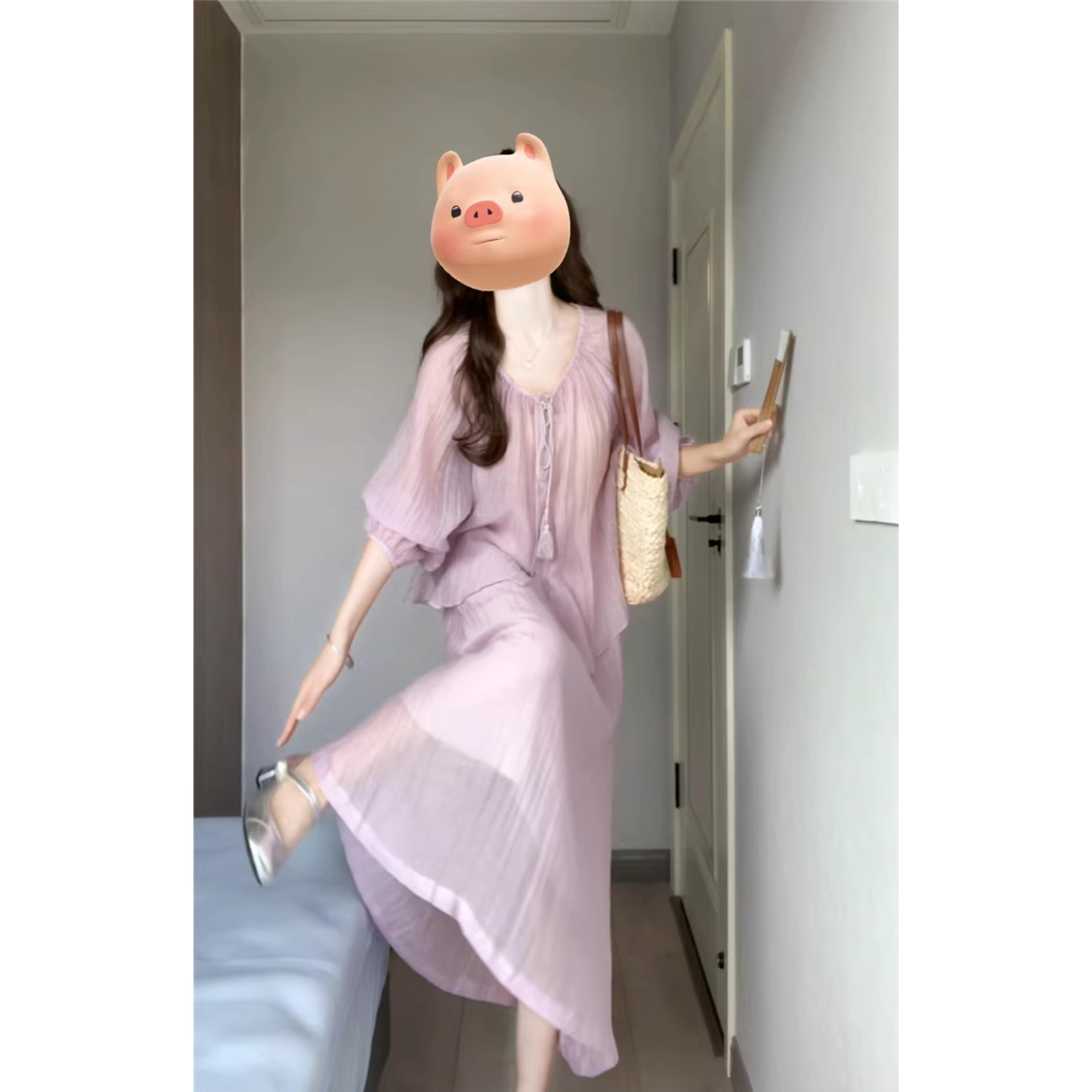 法式茶歇高级感紫色衬衫连衣裙两件套装女夏季新款气质长裙子穿搭