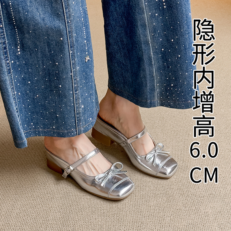 真皮内增高银色包头半拖鞋女夏外穿一脚蹬玛丽珍凉拖3233小码单鞋